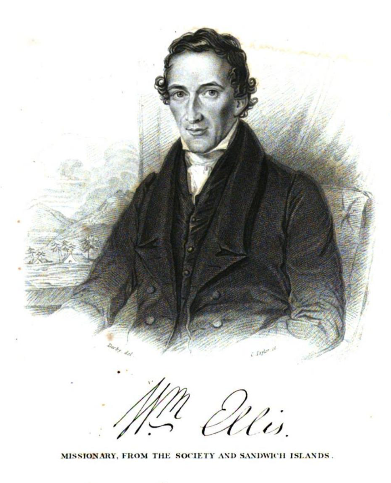 A historical illustration of a seated missionary, in formal attire, identified as William Ellis, with signature displayed below.