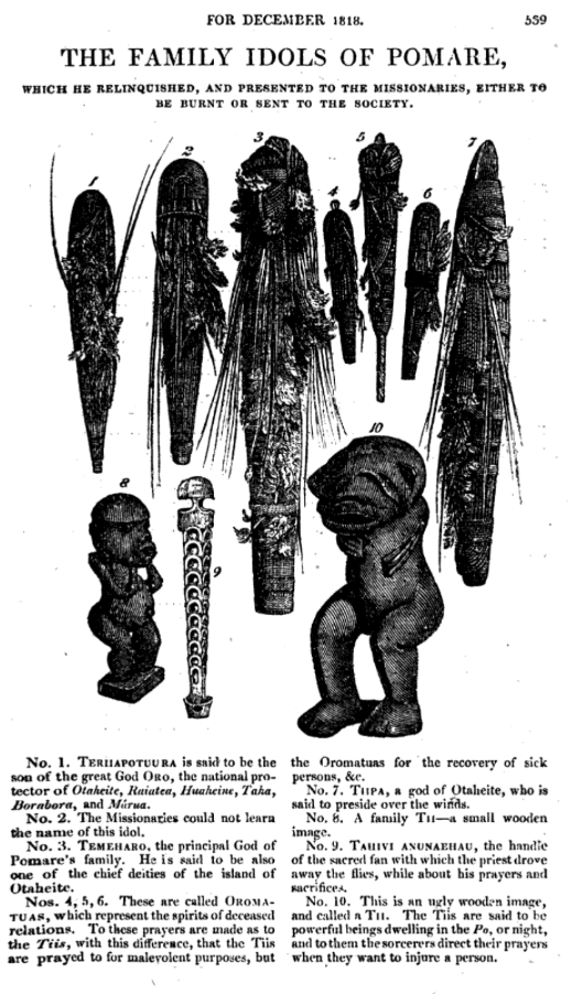 Illustration of Tahitian family idols, with labels indicating their names and descriptions, presented to missionaries in 1818.