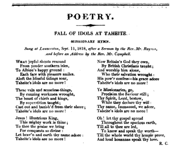 A historical hymn titled Fall of Idols at Tahite, celebrating the end of idol worship, sung by missionaries in 1818.