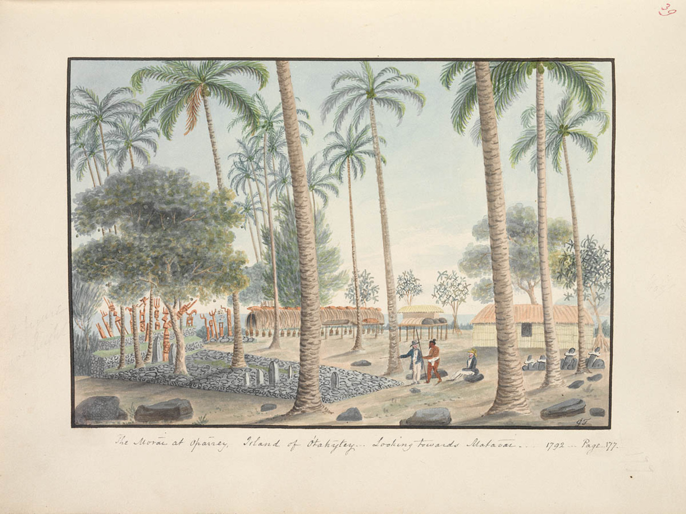 A vibrant watercolor depicting a serene landscape with palm trees, huts, and figures engaged in activities on the island of Oahu in 1792.