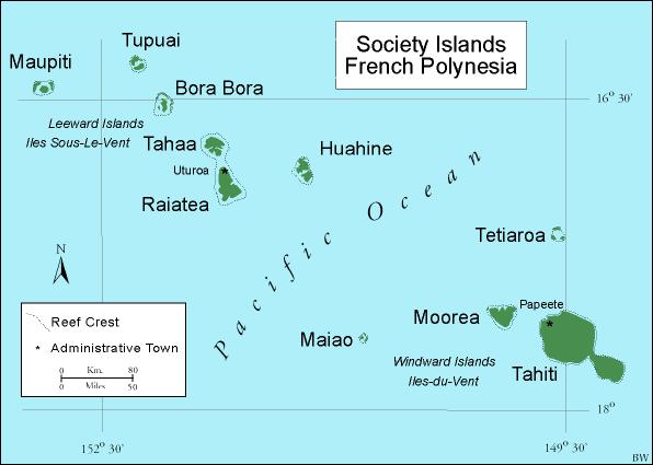 Map of the Society Islands in French Polynesia, showing major islands like Tahiti, Bora Bora, and Moorea, with geographical details.