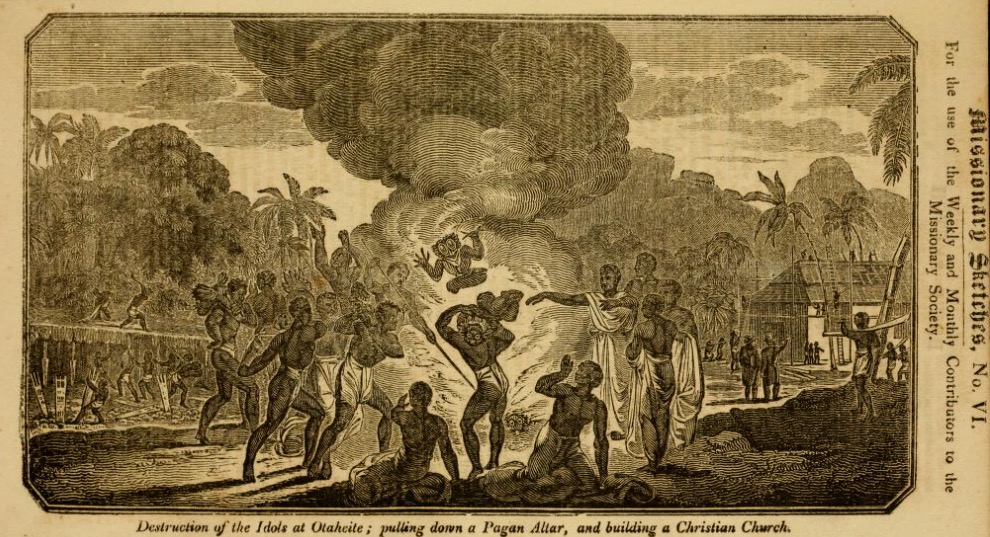 A historical engraving depicting the destruction of idols and a pagan altar, while a Christian church is being constructed in the background.
