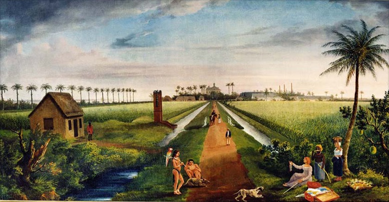 A lush landscape featuring a dirt path lined with palm trees, a thatched house, people engaged in daily activities, and distant factories.