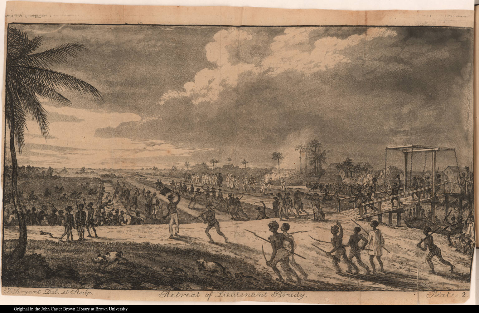 A historical illustration depicting Lieutenant Brady's retreat, with soldiers and locals amidst a tropical landscape.
