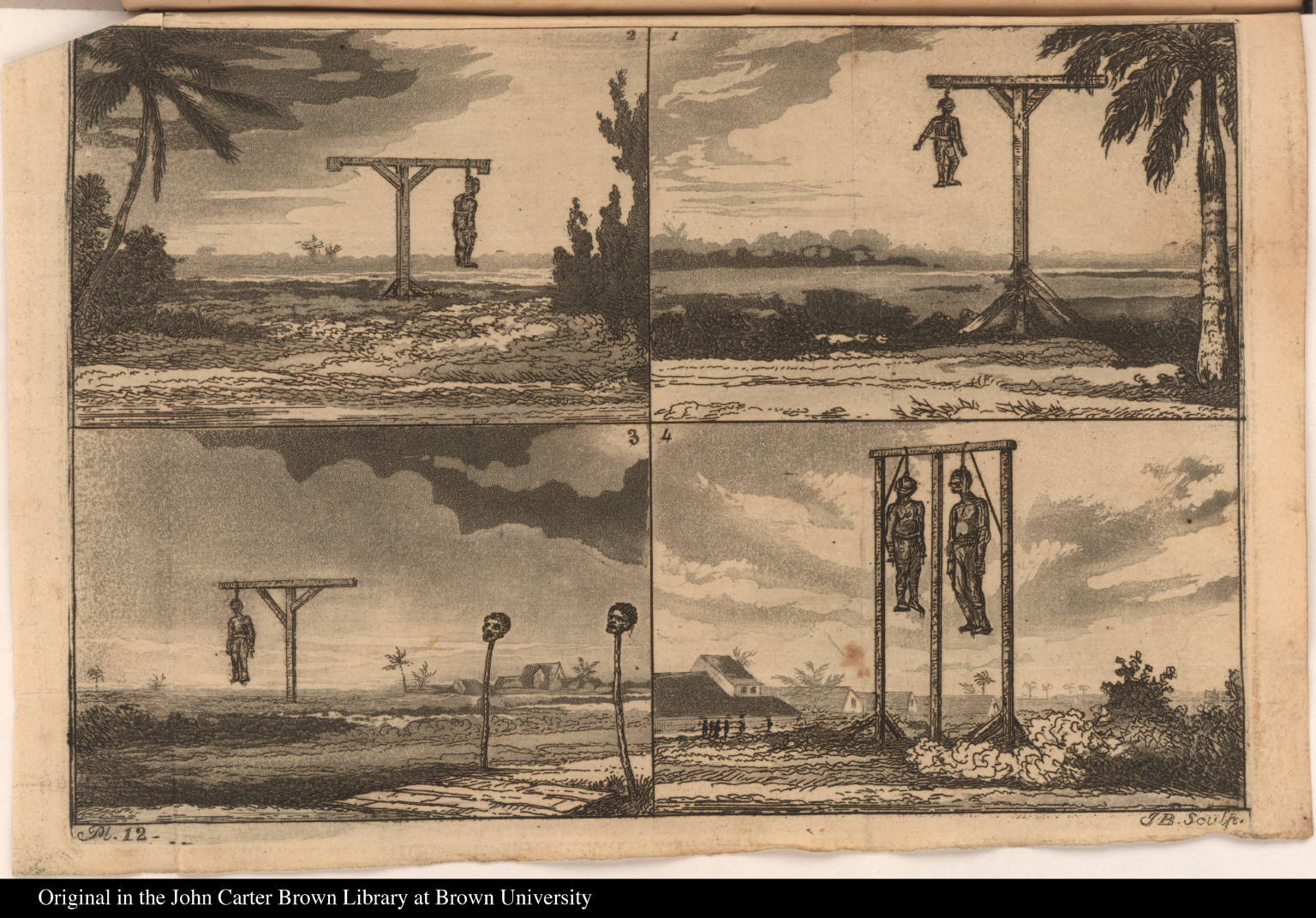 Quatered image showing people hanging from gallows.