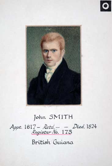 Portrait of John Smith, a historical figure from British Guiana, with his name and dates of appointment and death inscribed below.