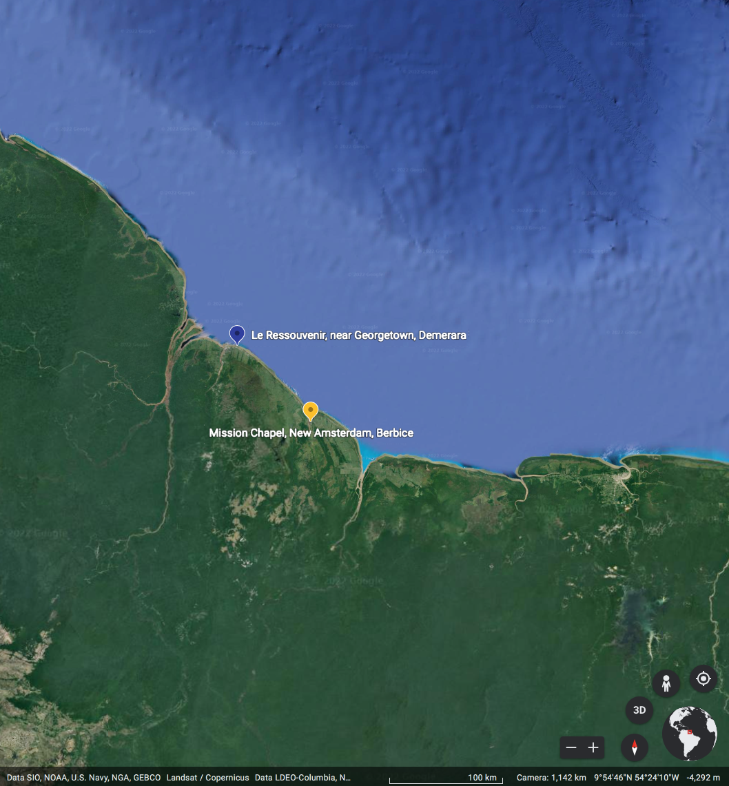 Map showing the coastal areas of Guyana, highlighting Le Ressouvenir and Mission Chapel in New Amsterdam, Berbice.