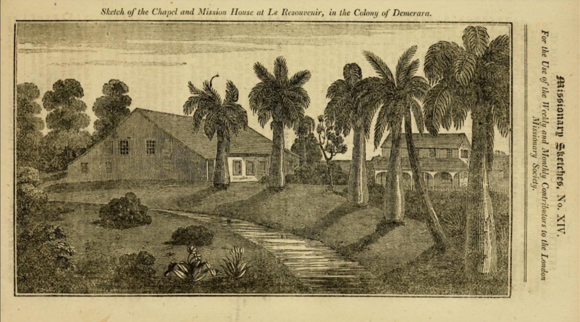 Illustration of a chapel and mission house surrounded by palm trees in Demerara, showcasing a lush, tropical landscape.