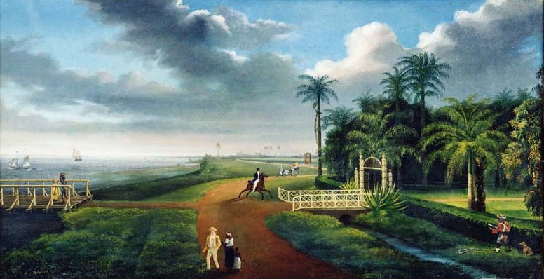 A serene landscape depicts figures strolling, horseback riding, and enjoying nature, with ships sailing in the distance under a blue sky.