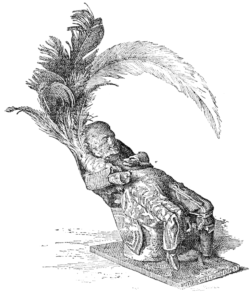 Engraving of a reclining figure, adorned with elaborate feathers on top.