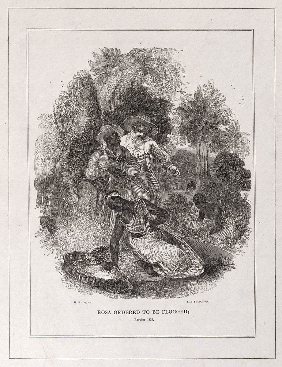 A woman kneels in distress as a man holds a whip, while another man instructs him in a lush, oppressive environment. Titled Rosa Ordered to Be Flogged.