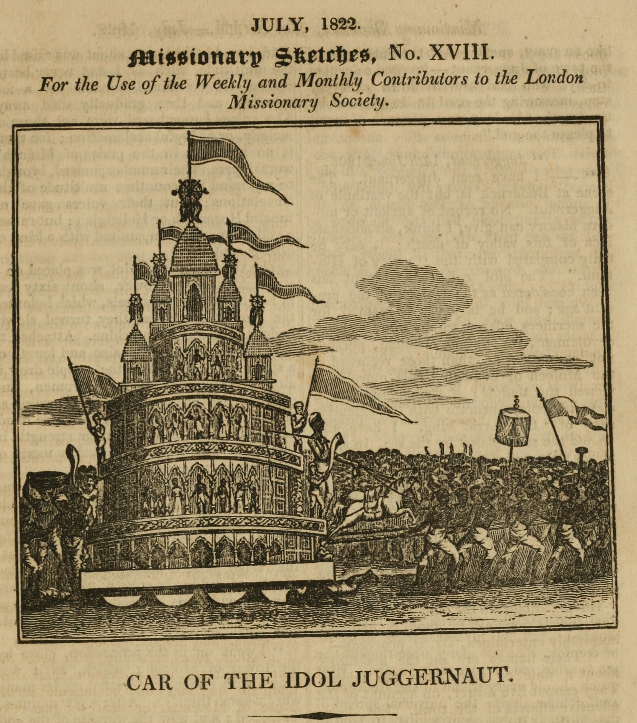 Illustration of the Juggernaut idol's car, surrounded by a crowd, from the July 1822 edition of Missionary Sketches.