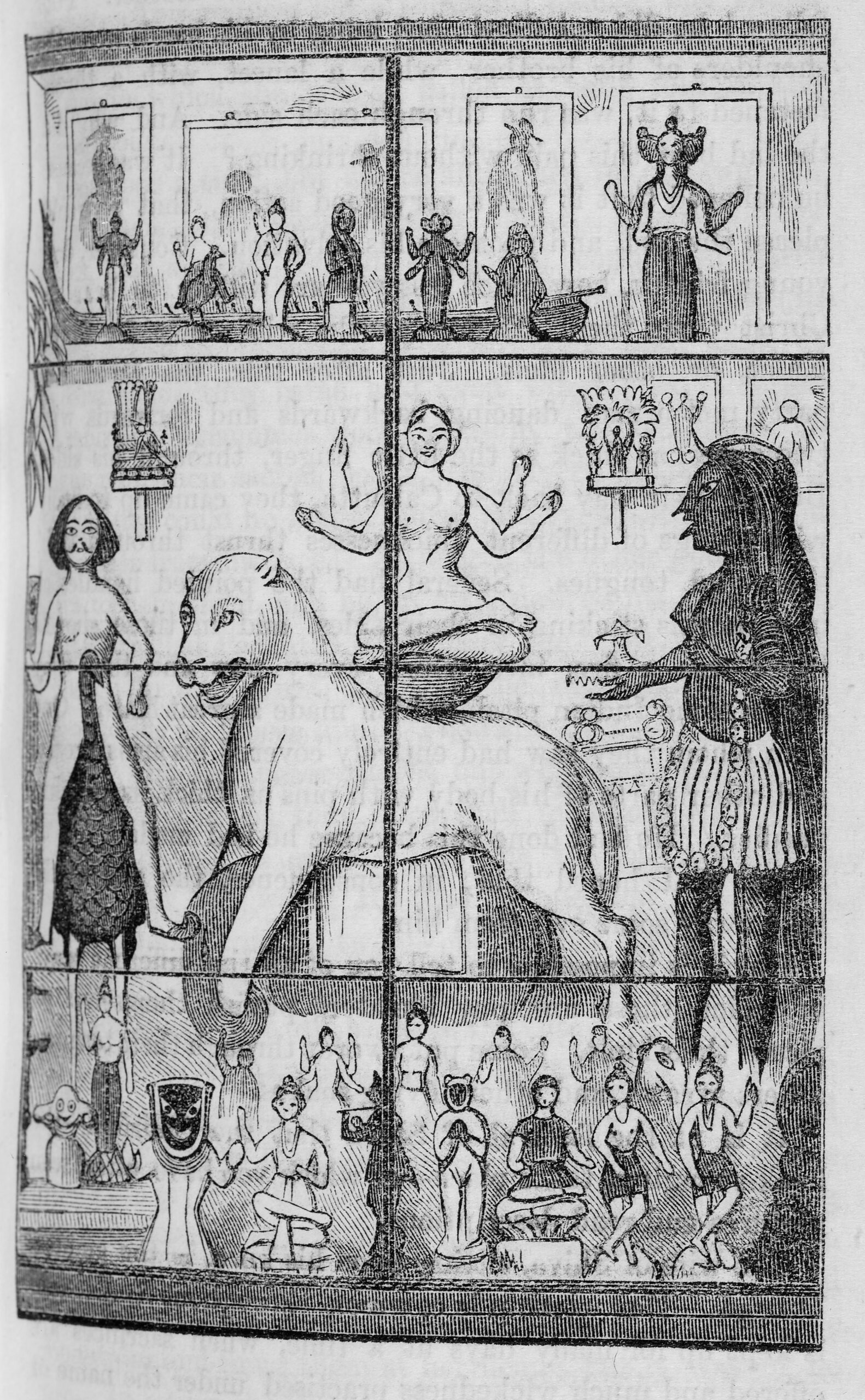 An intricate illustration featuring human figures, sculptures, and a seated figure on a lion, set against a backdrop of art.