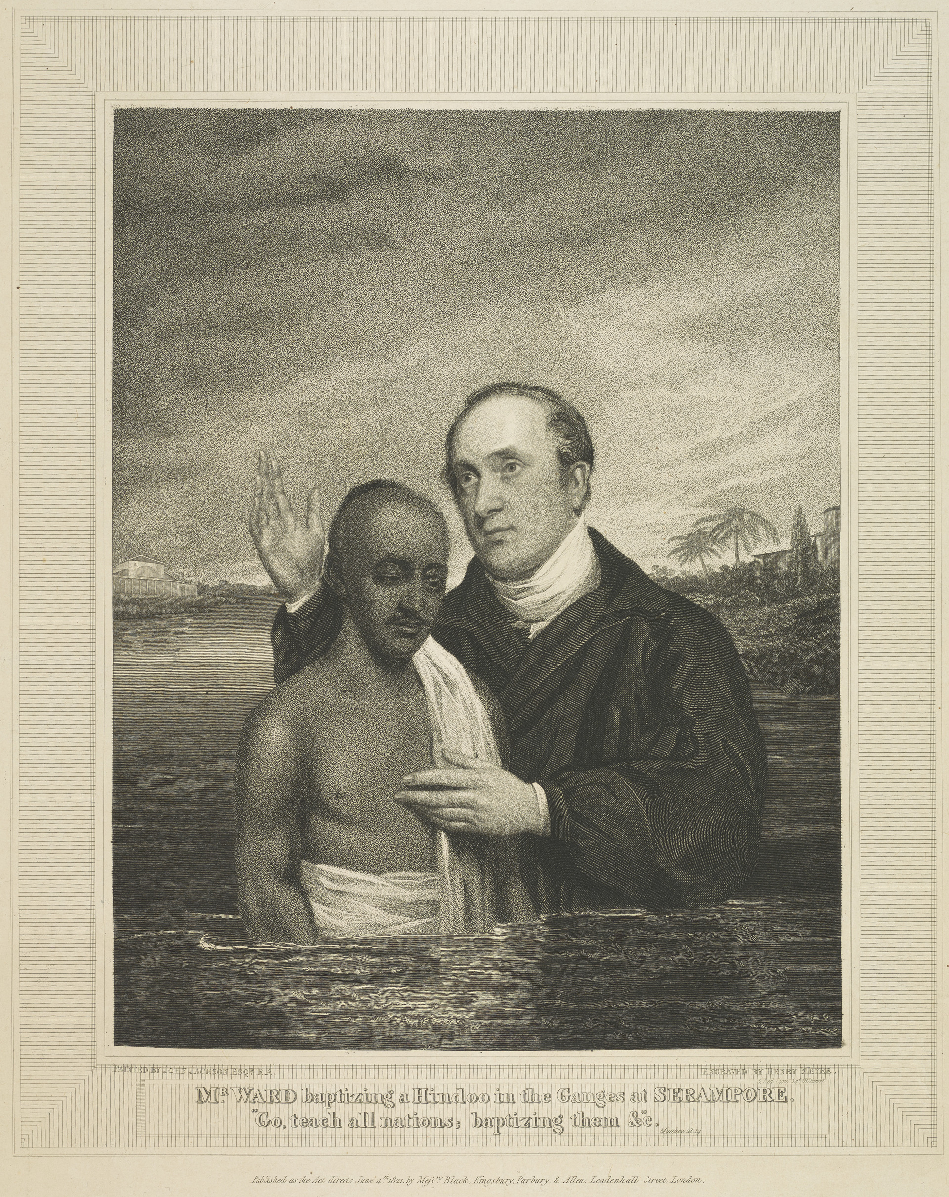 A missionary baptizes an individual in the Ganges River, surrounded by a landscape featuring palm trees and distant buildings.
