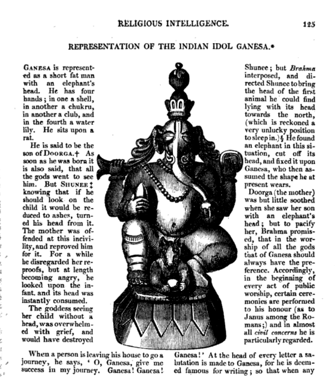 An illustration of the Indian deity Ganesa, depicted with an elephant head, four arms, and various symbolic objects, surrounded by text.