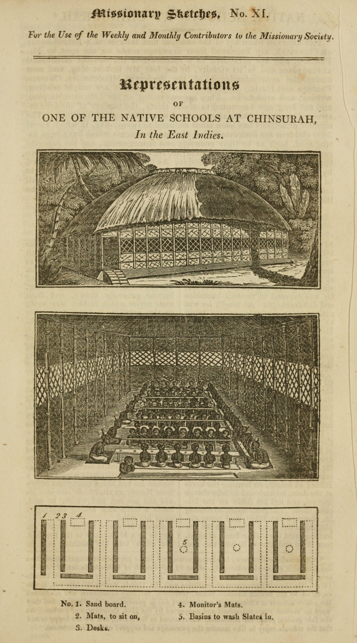 Illustration of a native school in Chinsurah, East Indies, featuring an exterior view and interior classroom setup with students and furniture.