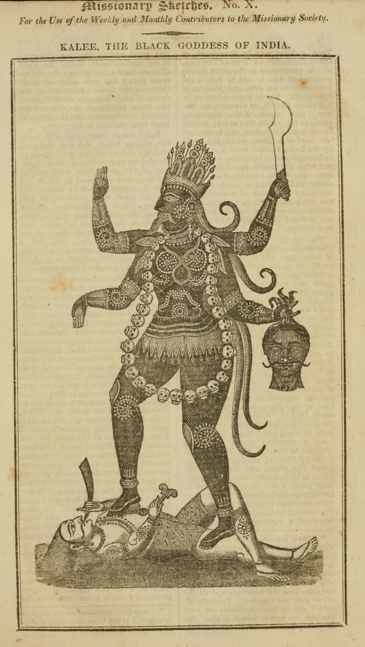 An illustration of Kalee, the Black Goddess of India, depicted with multiple arms, adorned with skulls and a fierce expression and holding a human head.