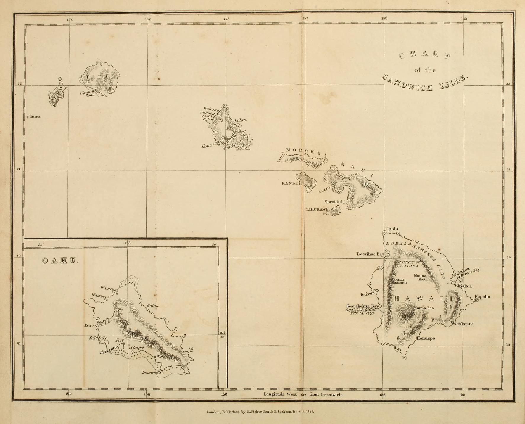 Map of the Sandwich Isles (Hawaii), featuring detailed islands, coastal features, and latitude/longitude markings.