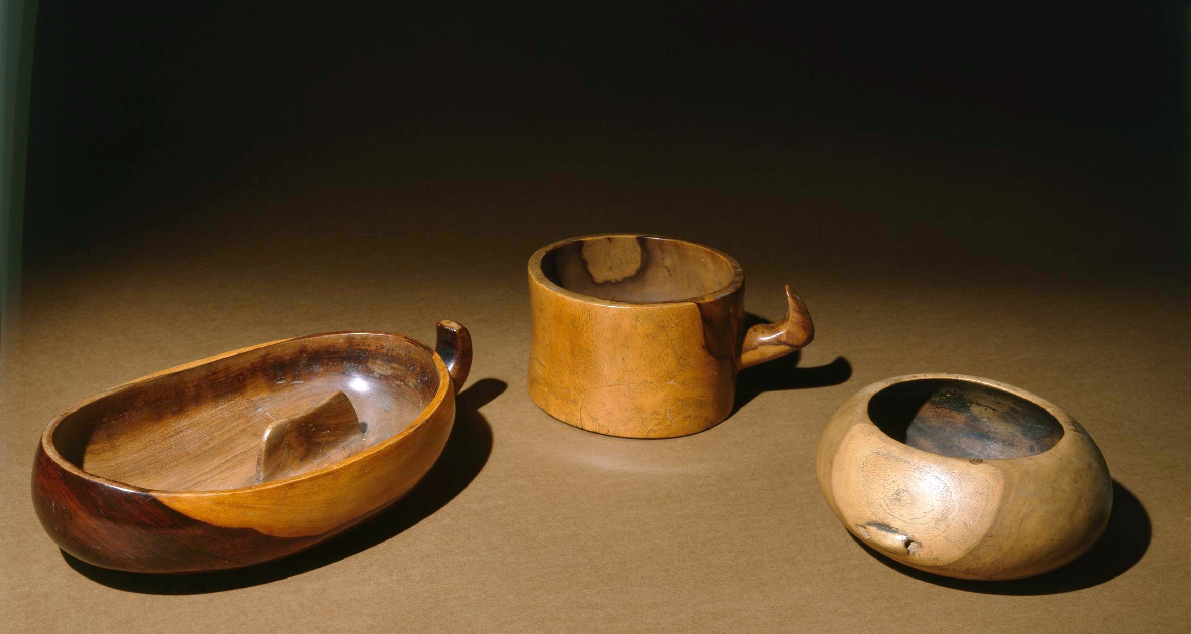 Three handcrafted wooden vessels displayed on a brown surface: an oval dish, a mug with a handle, and a rounded bowl.