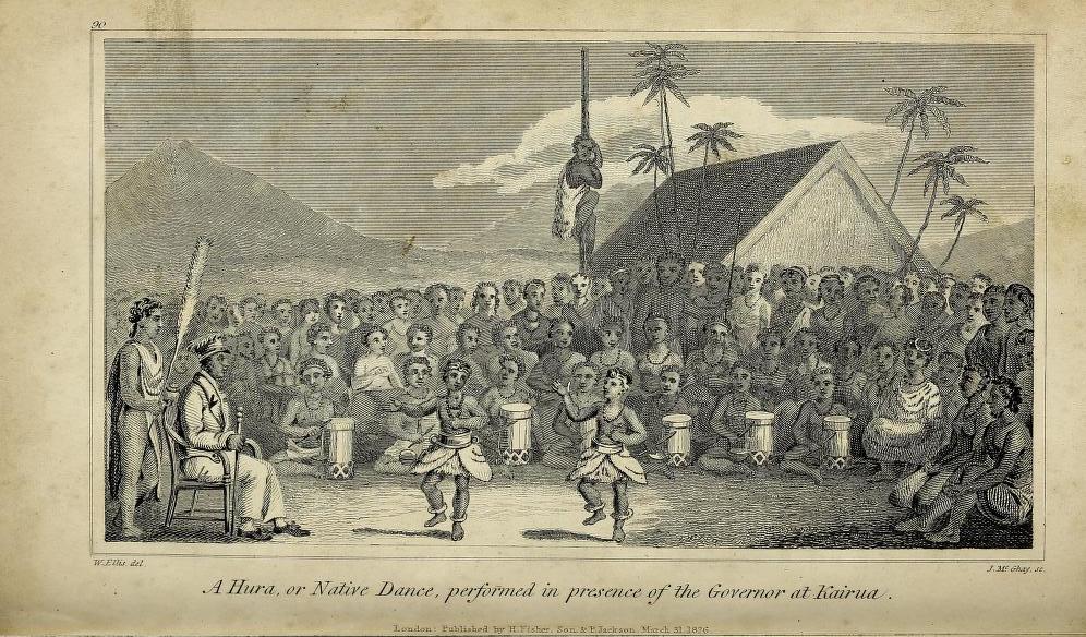 A lively native dance performance before an audience, featuring drummers, traditional attire, and a lush tropical backdrop.