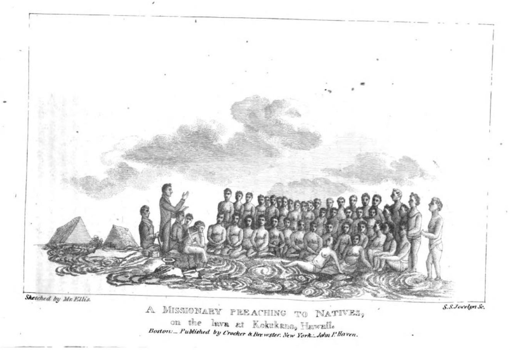 A missionary stands before a gathering of Hawaiians, preaching on lava rocks, with distant pyramids in the background.