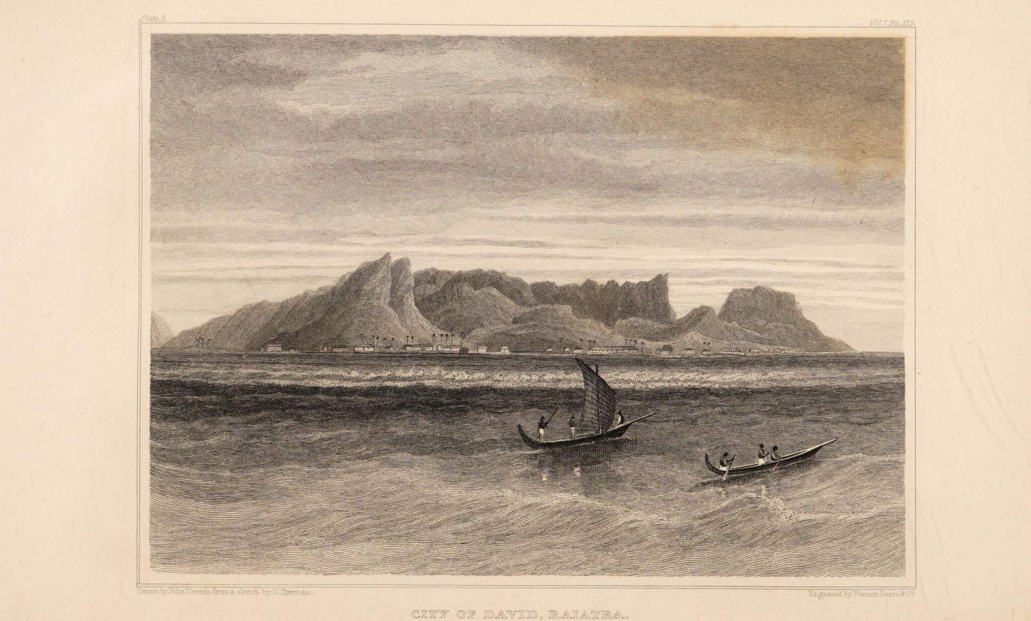 A landscape engraving of the City of David in Balah, featuring mountains, boats on water, and a cloudy sky.