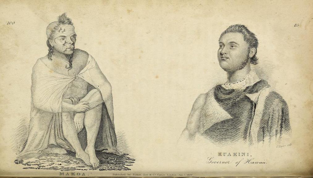 Two historical figures depicted in a vintage engraving. One is seated, while the other stands, showcasing traditional attire and adornments.