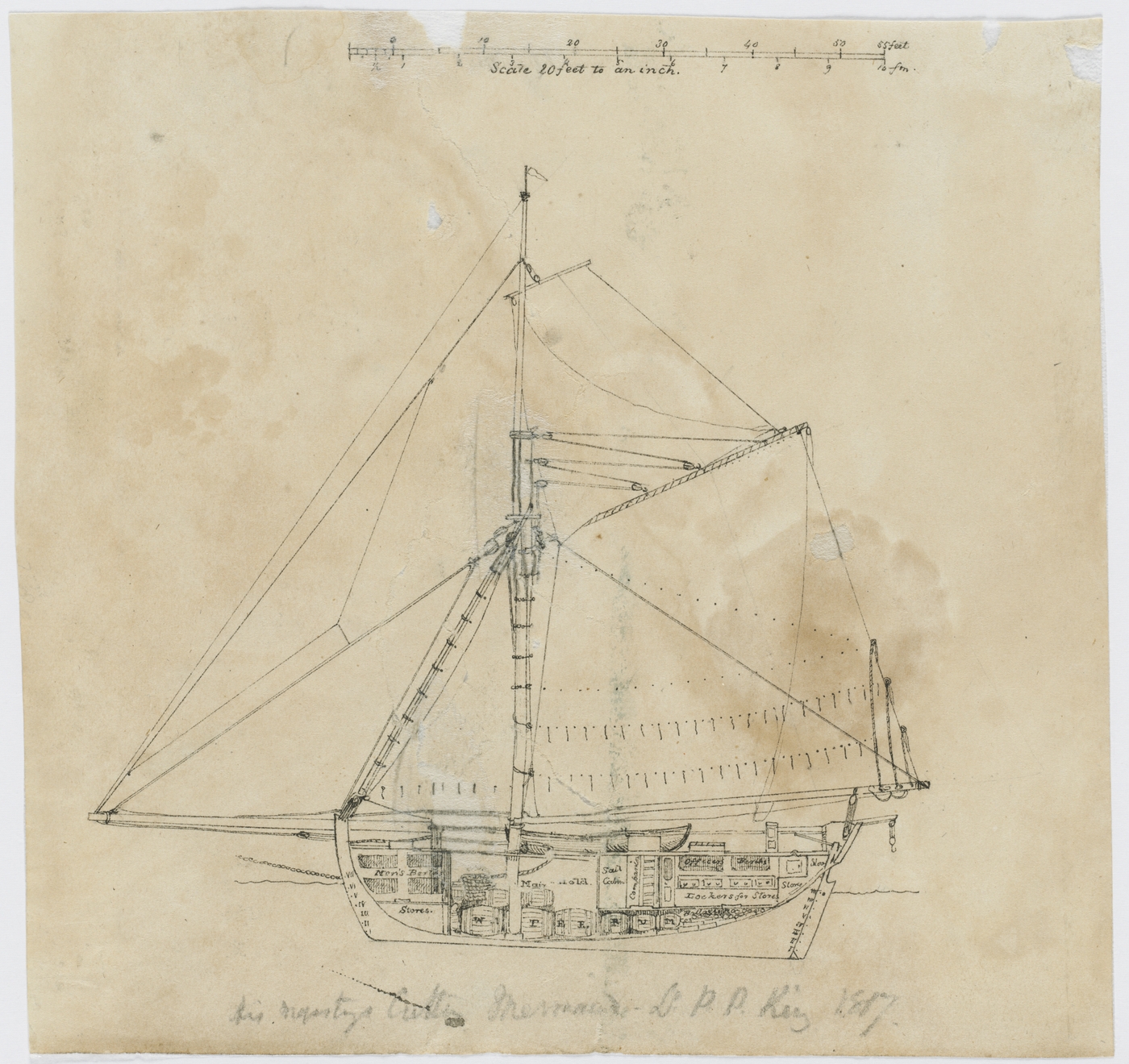 A detailed pencil sketch of a sailing ship with rigging, labeled with features, on yellowed paper; dated 1857.