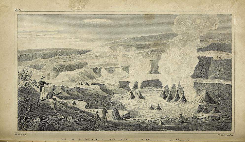 A historic engraving depicting volcanic activity in Hawaii, featuring steaming vents and people observing the landscape.