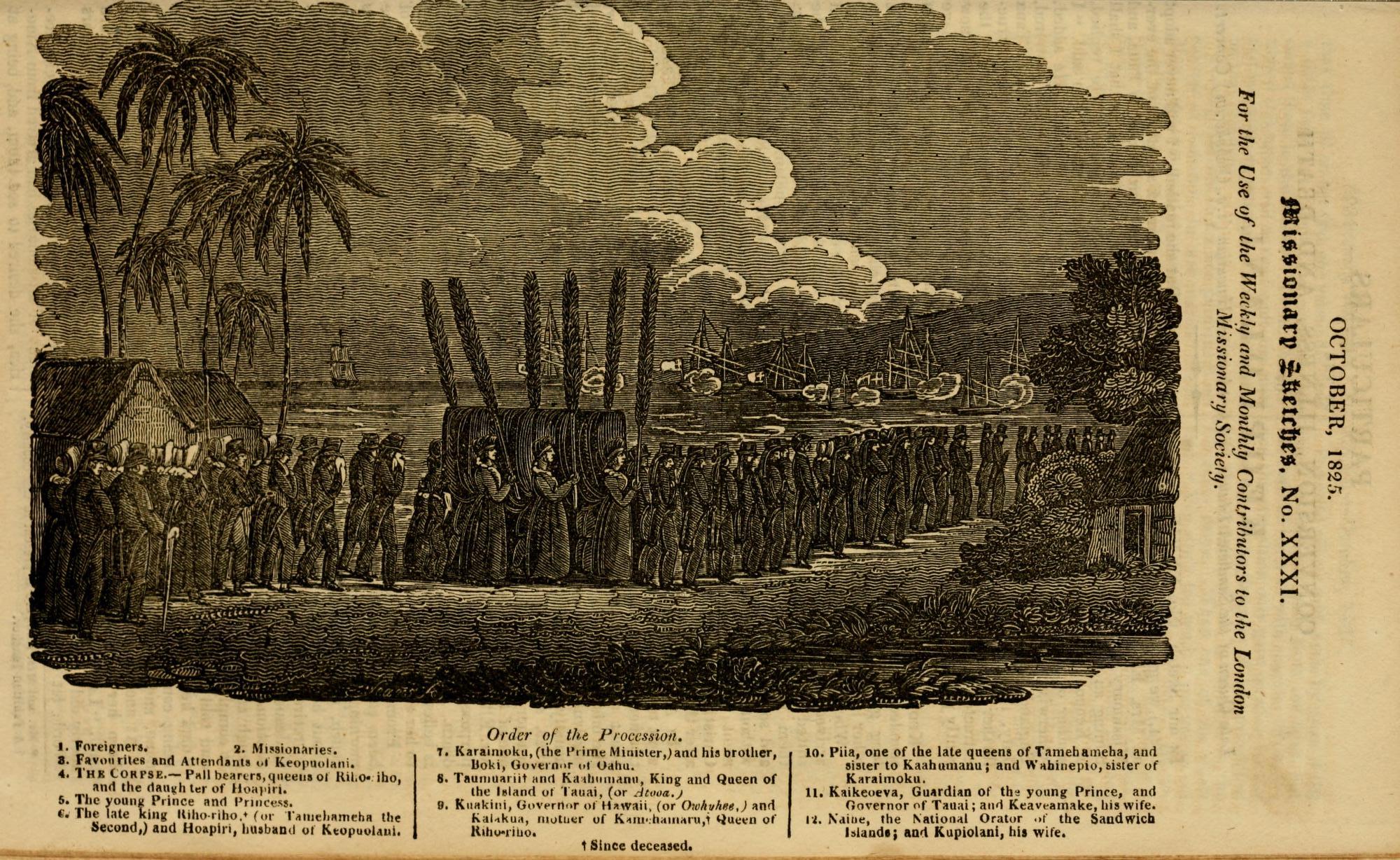 An illustration depicting a royal procession in Hawaii, with attendees, palm trees, and ships in the background, dated October 1825.