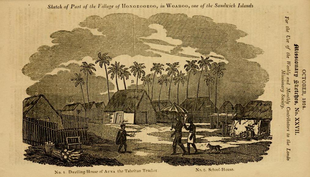 Black and white sketch of a village in Honolulu, with thatched huts, palm trees, and residents walking, labeled with structures.