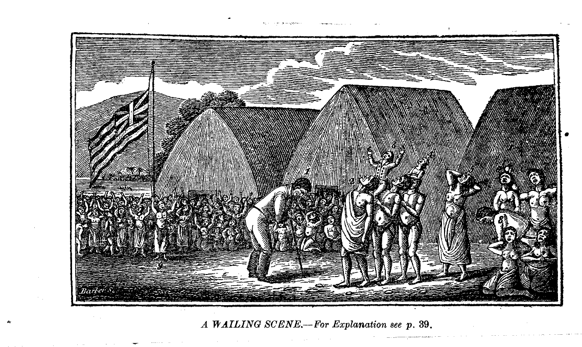 A historic illustration of a wailing scene with people mourning, featuring huts, a flag in the background, and a gathering crowd.