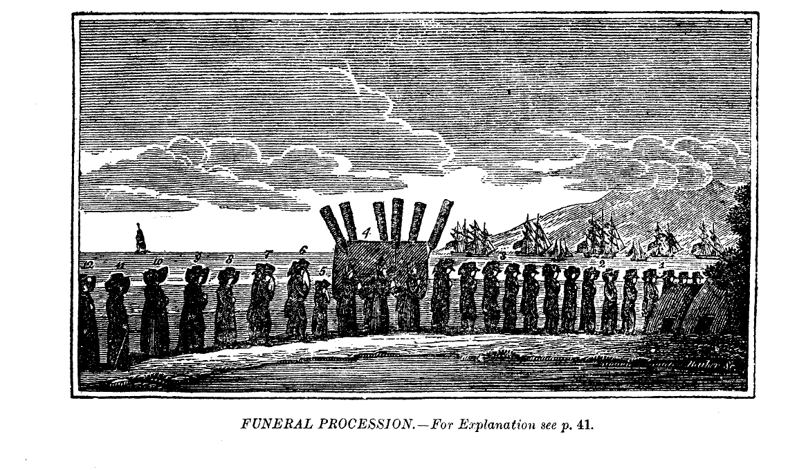 Illustration of a funeral procession by the sea, featuring solemn figures lined up with a cannon salute in the background.