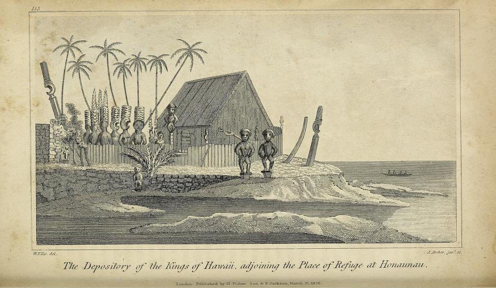 An 1826 illustration of the Hawaiian kings' depository near the Place of Refuge, featuring palm trees, a thatched hut, and statues.