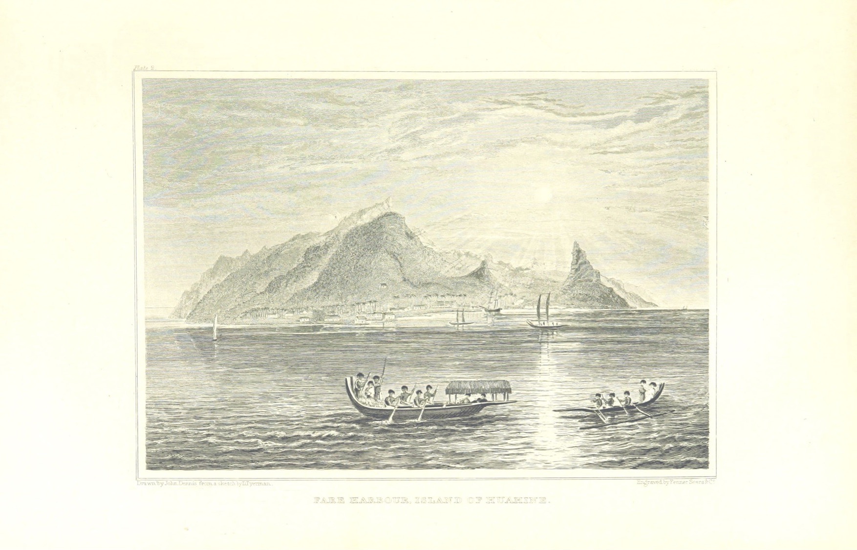 An illustrated scene of Papeete Harbor, Huahine, featuring boats and a mountainous backdrop under a sunlit sky.