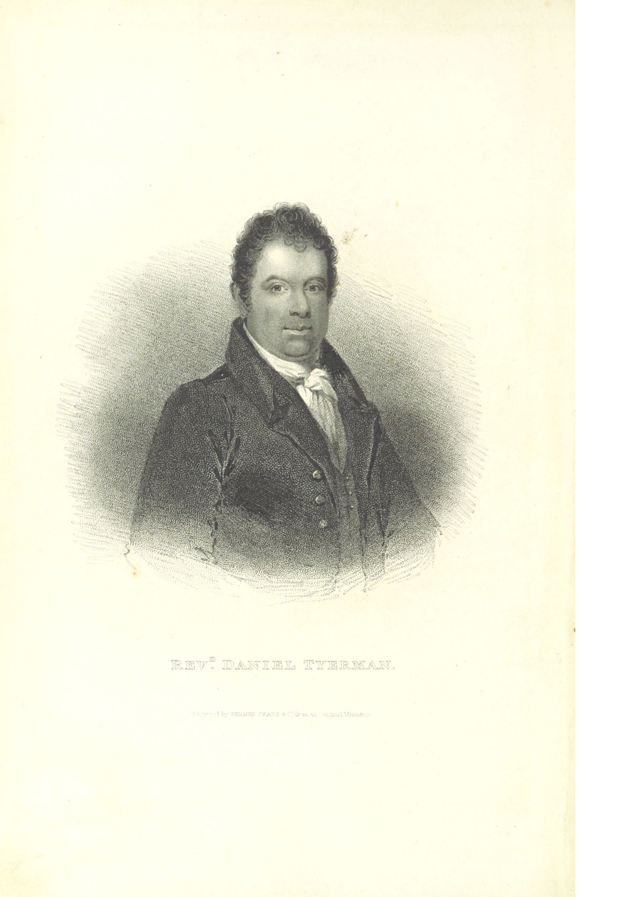 A portrait of Rev. Daniel Tyerman, dressed in 19th-century formal attire, featuring detailed engravings and classical style elements.