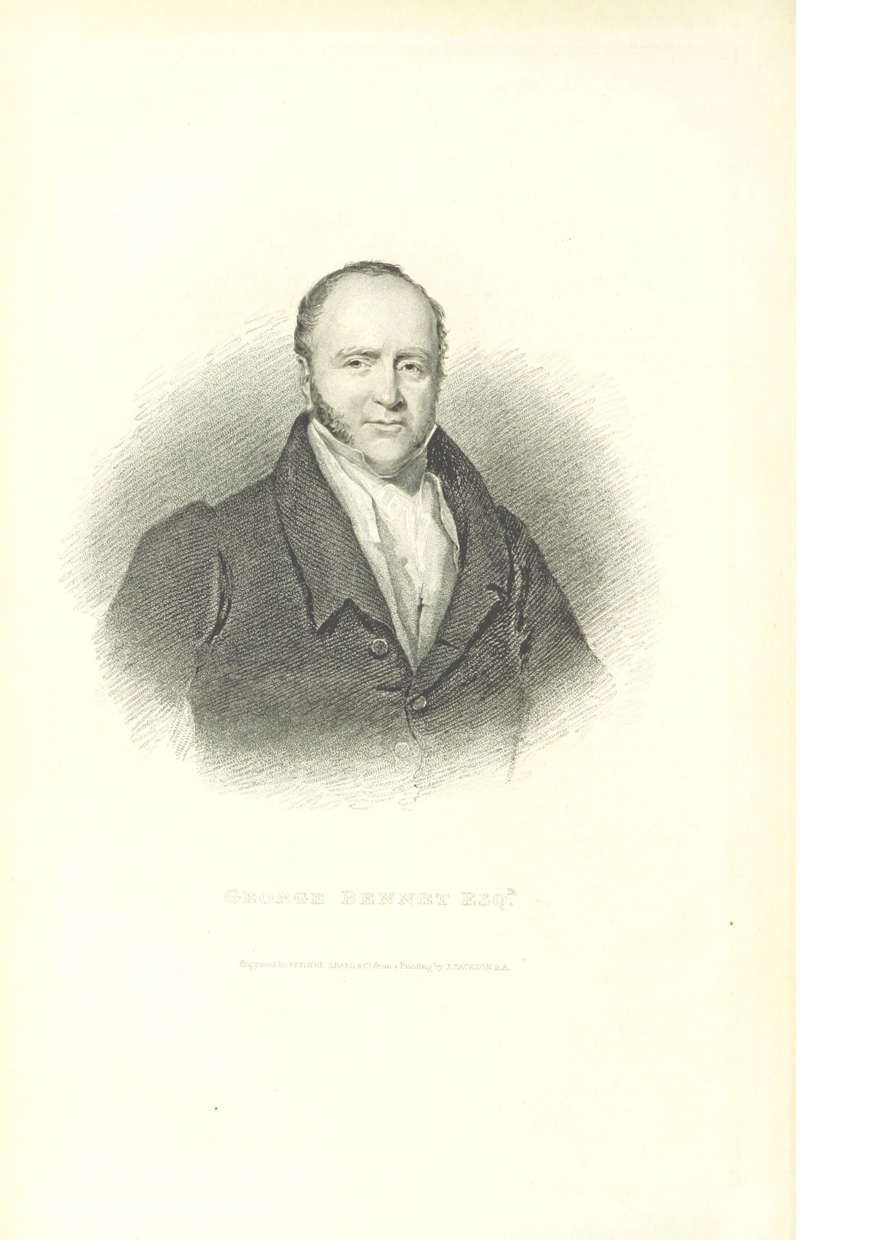 An engraved portrait of a man in a dark coat with a white shirt, titled George Bennett Esq. at the bottom.