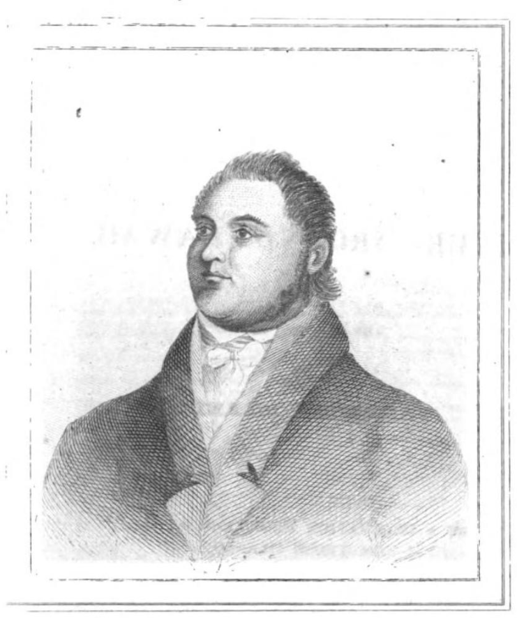 A historical illustration of a well-dressed man in a dark coat and cravat, set against a textured, lightly shaded background.