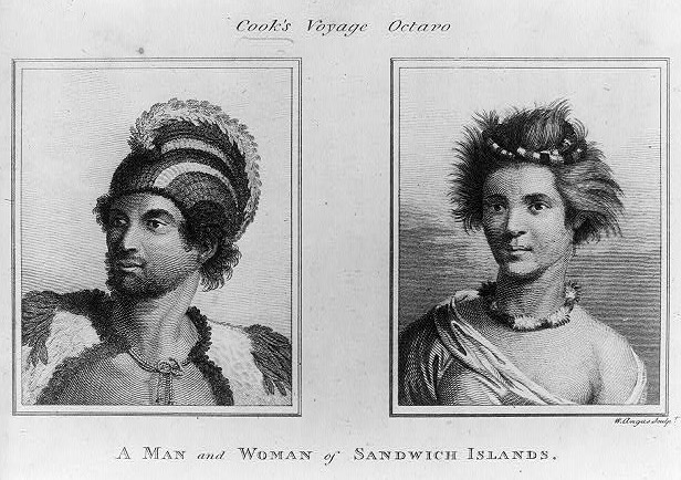 Antique illustration depicting a man and woman from the Sandwich Islands, showcasing traditional attire and adornments.