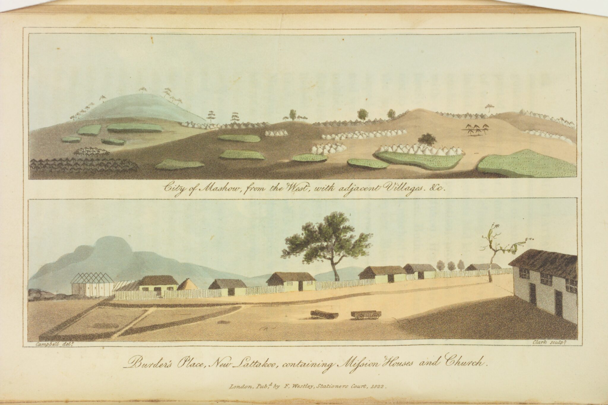 Illustration depicting the Maruping with hills and adjacent villages above, and Burder's Place featuring mission houses and a church below.