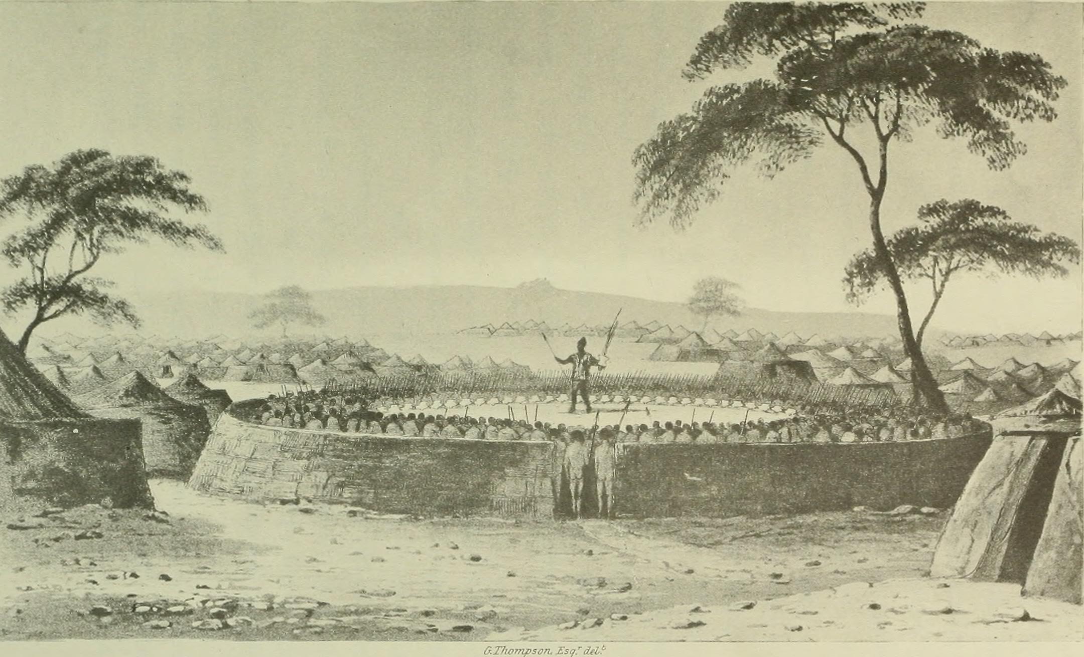 A historical drawing depicting a circular gathering of armed individuals, with tents and trees in the background.