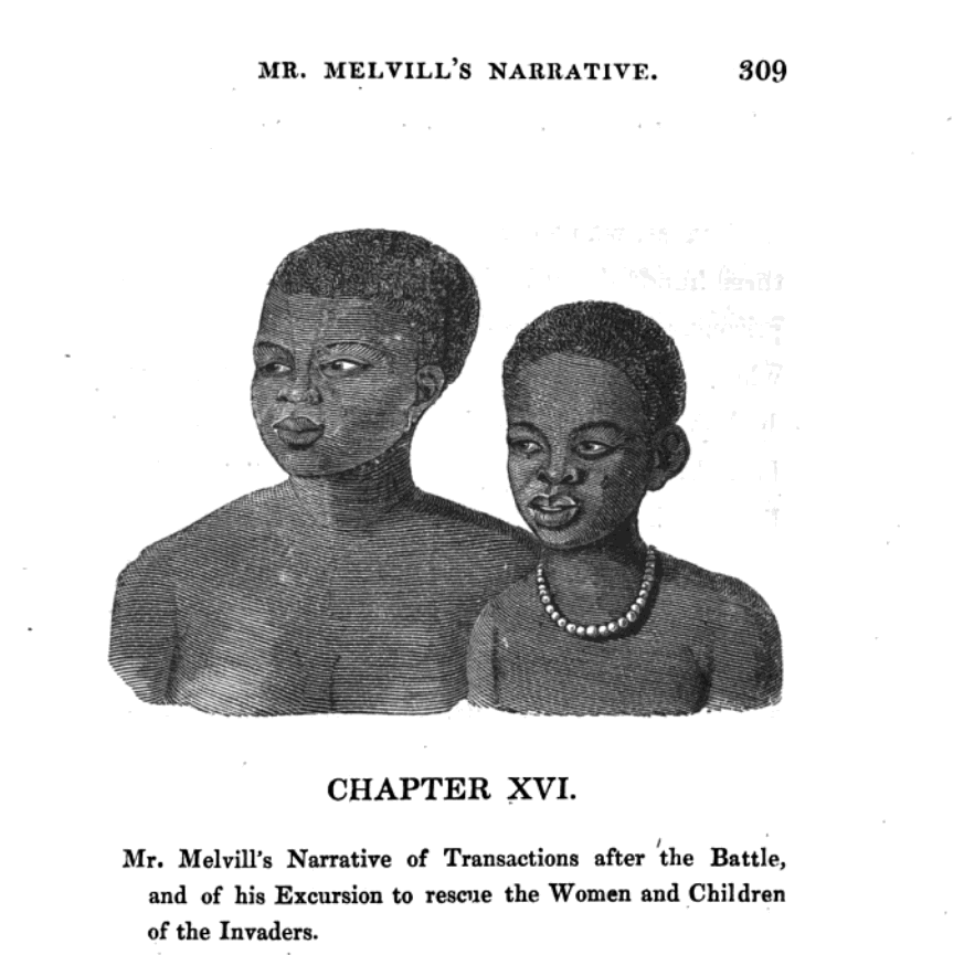 An illustration depicting two figures, wearing traditional accessories, in the context of a historical narrative.