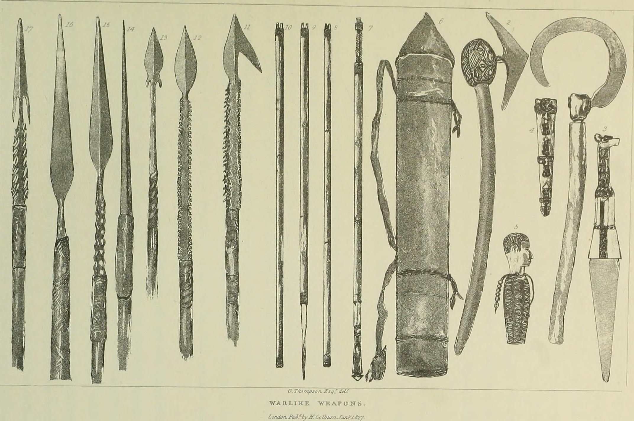 Illustration of various warlike weapons including spears, an axe, a bow, and a decorated carrying case, labeled with numbers.