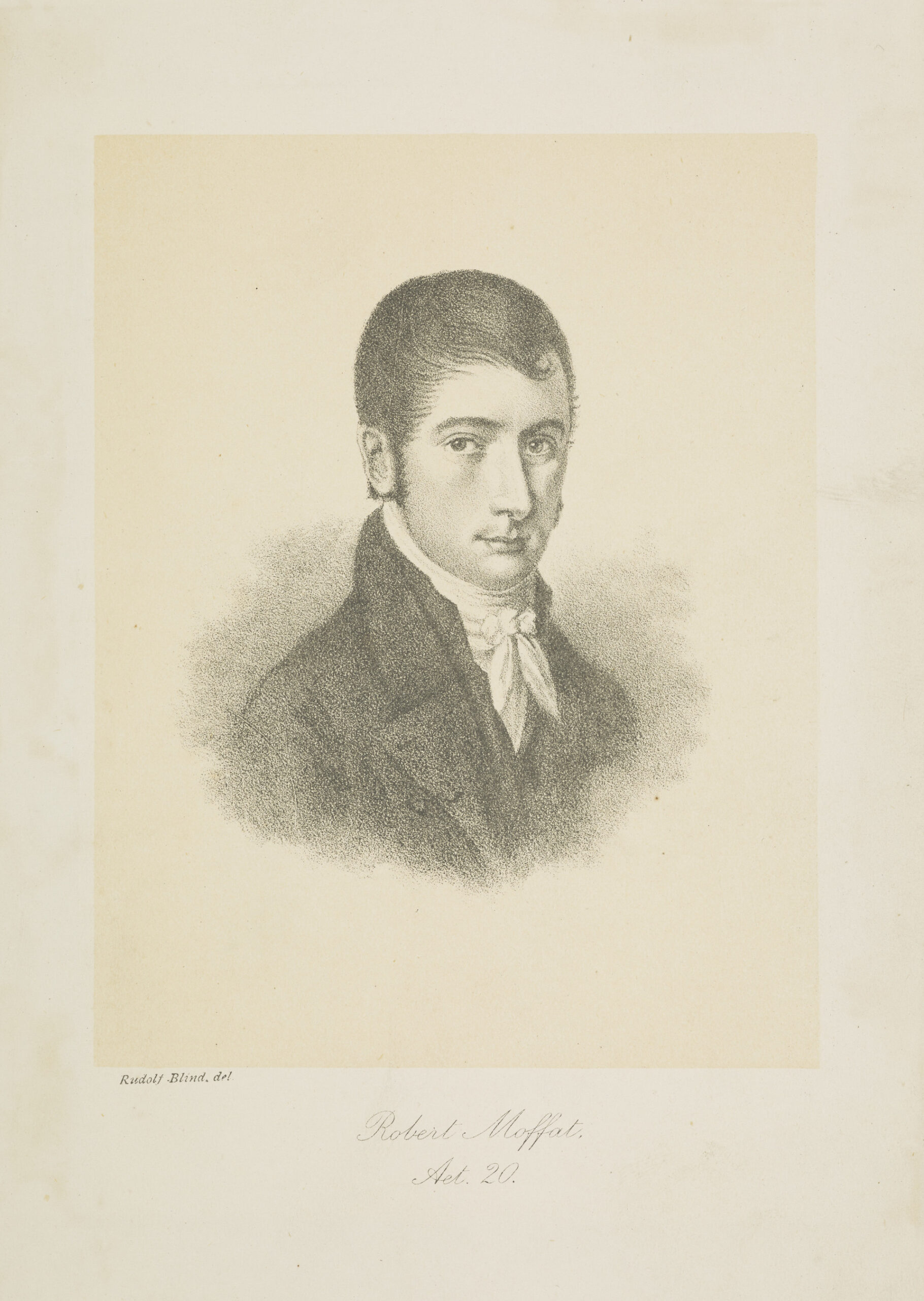 A young man in a formal black coat and cravat, depicted in an engraved portrait labeled Robert Moffat, Age. 20.