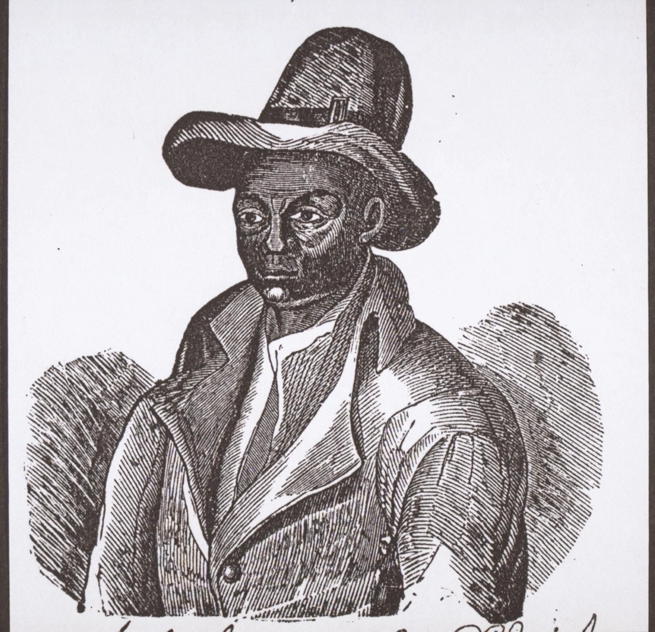 A hand-drawn portrait of a man wearing a wide-brimmed hat and a jacket with intricate detailing, set against a plain background.