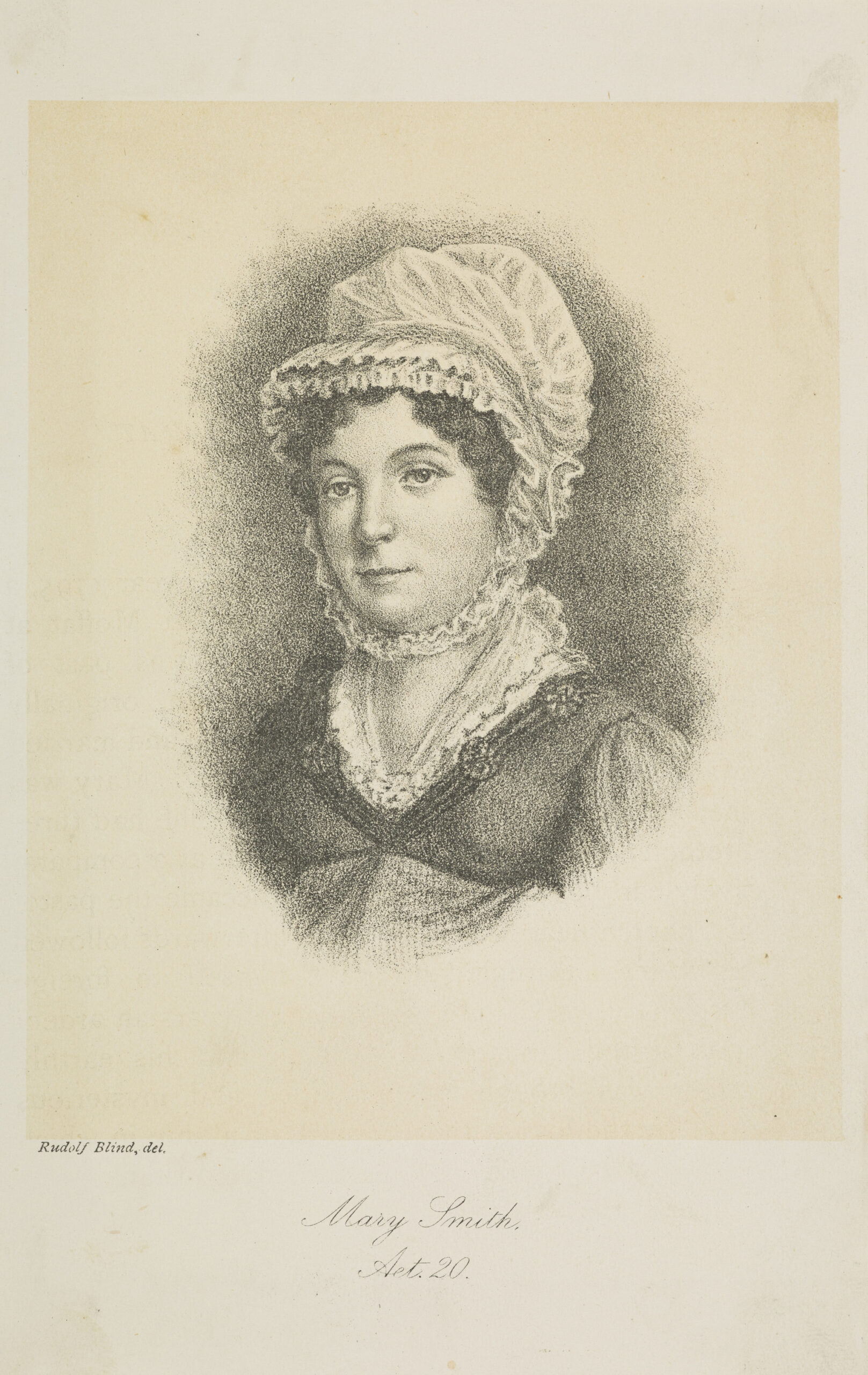A vintage portrait of a woman wearing a bonnet and a dress, with the name Mary Smith, Age. 20 written below.
