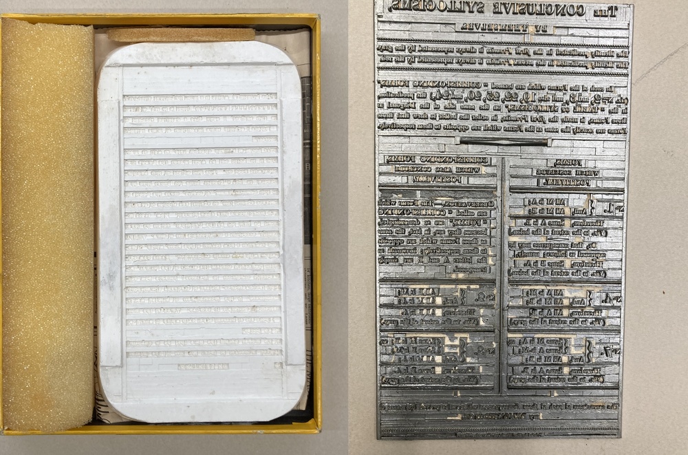A metal printing plate alongside a white printing block, both housed in a yellow-lined box, showcasing intricate text details.