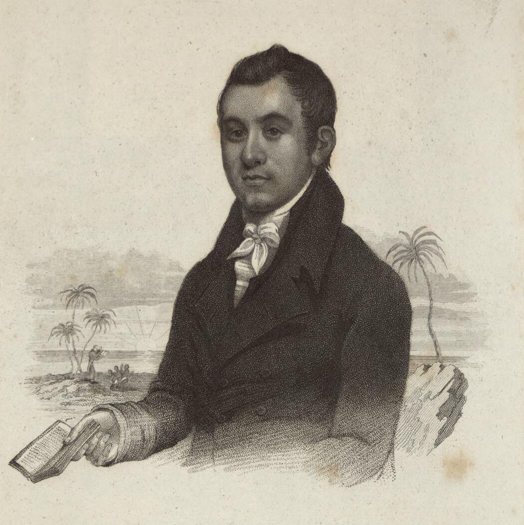 A 19th-century portrait of a well-dressed man holding a book, with palm trees and an ocean landscape in the background.