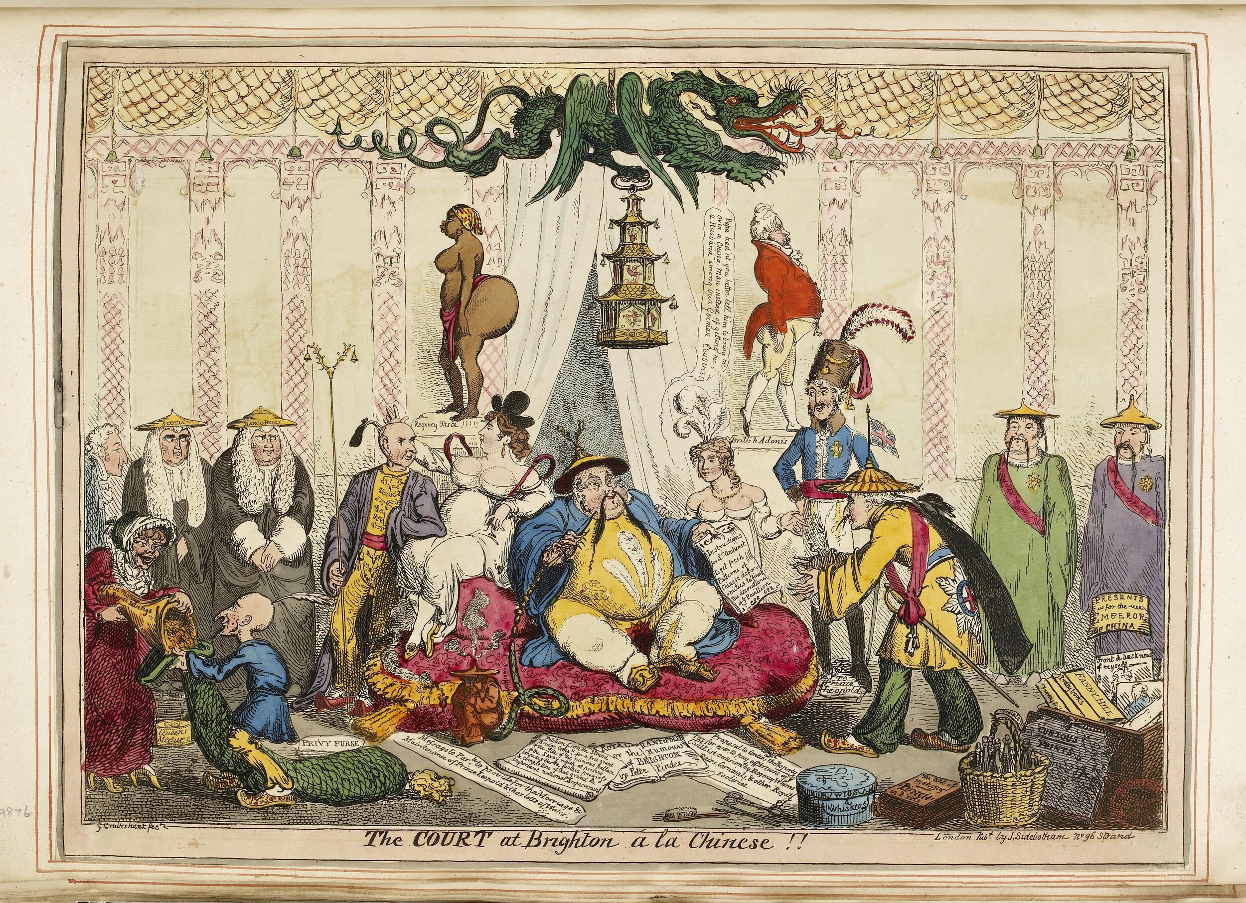 A satirical illustration depicting a lavish court scene with extravagant costumes, animals, and ornate decor in a vibrant setting.