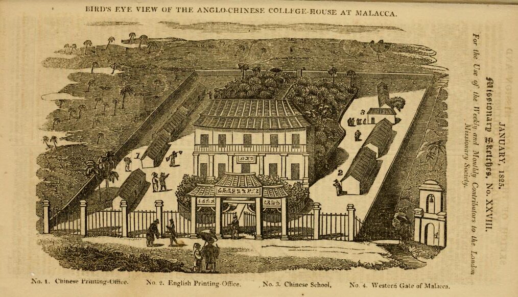Bird's eye view illustration of the Anglo-Chinese College house in Malacca, showcasing various buildings and courtyards.